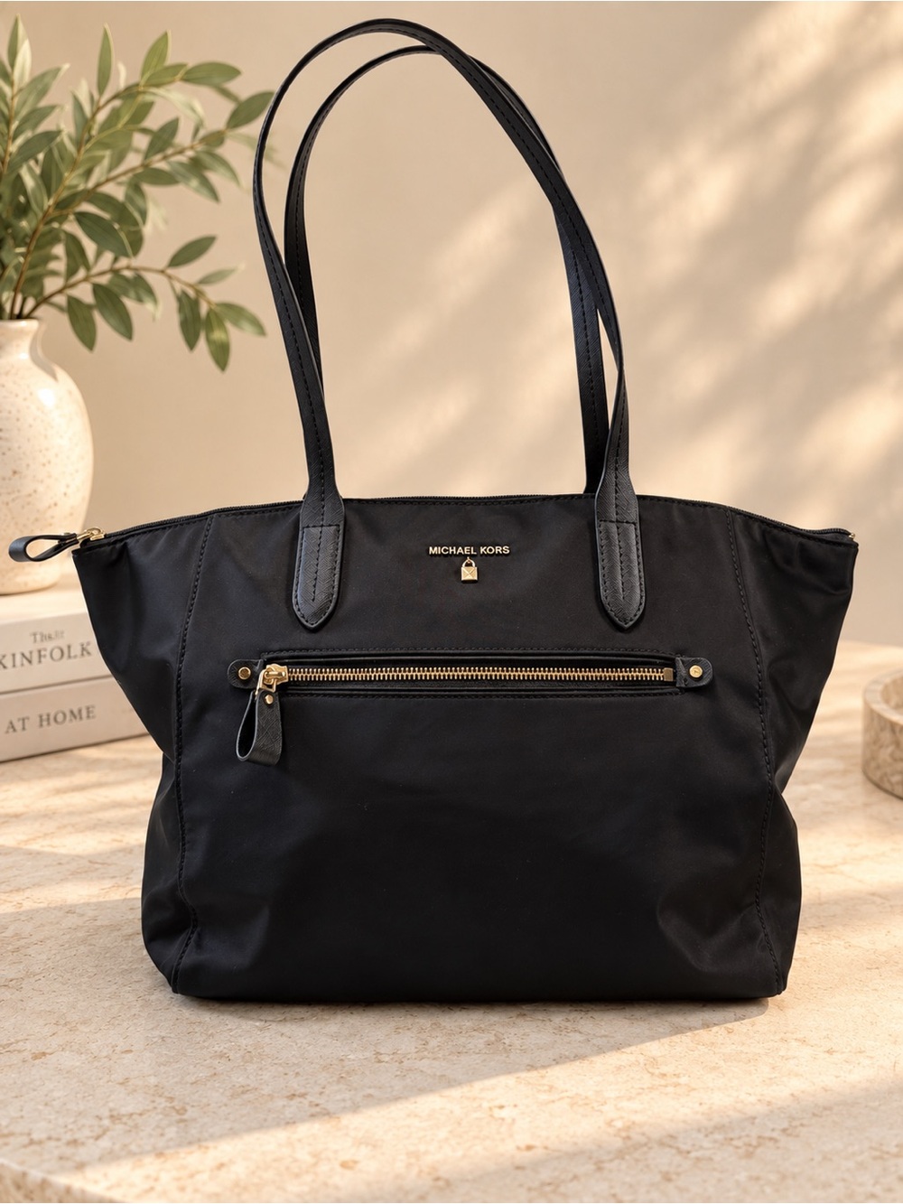 Michael Kors kelsey Black Nylon Tote with Front Zip and Gold Accents